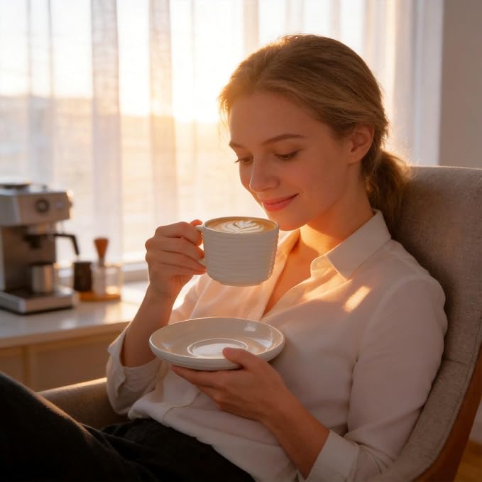 Cappuccino Cups with Saucers, 8 OZ White Ceramic Coffee Cups Set of 6, Good for Latte, Americano and Tea, Microwave and Dishwasher Safe, Ribbed Texture