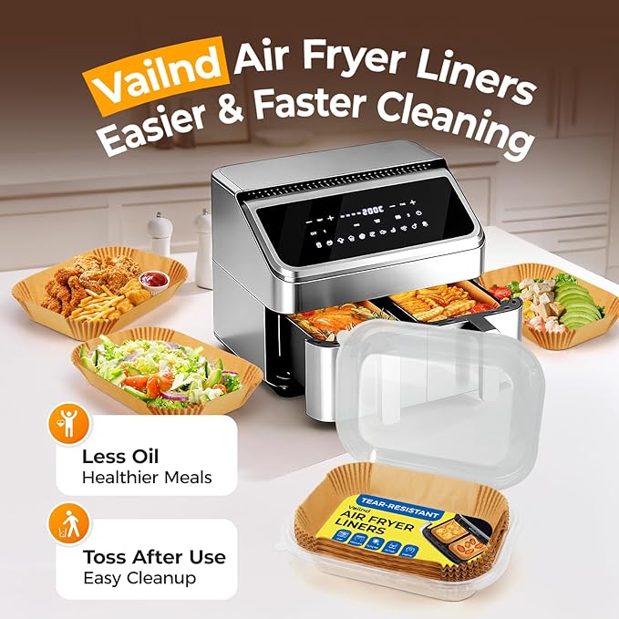 Vailnd Air Fryer Liners Disposable for Dual Basket, 100Pcs 8x5.5 Inch Rectangle Air Fryer Paper Liner for Ninja DZ201 DZ401, Chefman/COSORI 2-Basket, Oil Proof Parchment Paper
