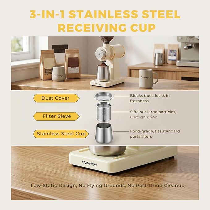 Electric Burr Coffee Grinders for Home Use, 8 Adjustable Settings Stainless Steel Flat Burr, Quiet Low Static Design for Espresso Pour Over French Press, Cream Style White