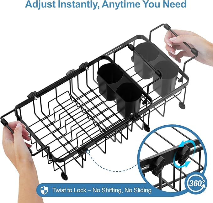 iSPECLE Small Sink Dish Drying Rack with Cup Holder, Expandable Rust Resistant Dish Drainer for RV Kitchen, Dish Rack with Tightening Knob, Arms with Non Slip Rubber, Black