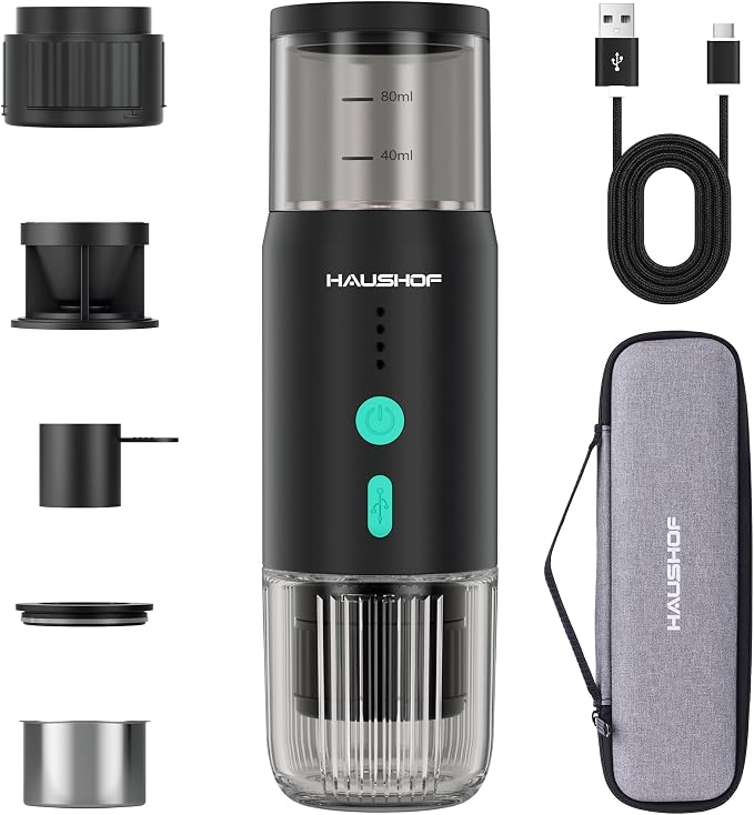 HAUSHOF Portable Electric Espresso Machine, 20 Bar Fast Heat-Up Travel Coffee Maker, USB-C Rechargeable Compatible with Ground Coffee & NS Capsules, for Car, Camping, RV, Hiking & Office