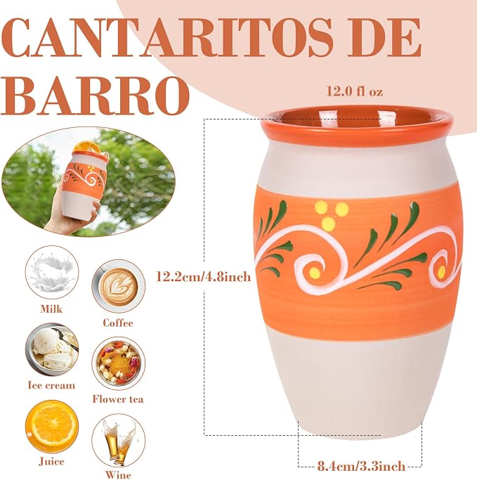 FirstGift 6-Pack Cantaritos de Barro Mexicanos – 12 oz Handmade Clay Cups for Margaritas, Taco Tuesday, Mexican Fiesta (Dishwasher & Microwave Safe)