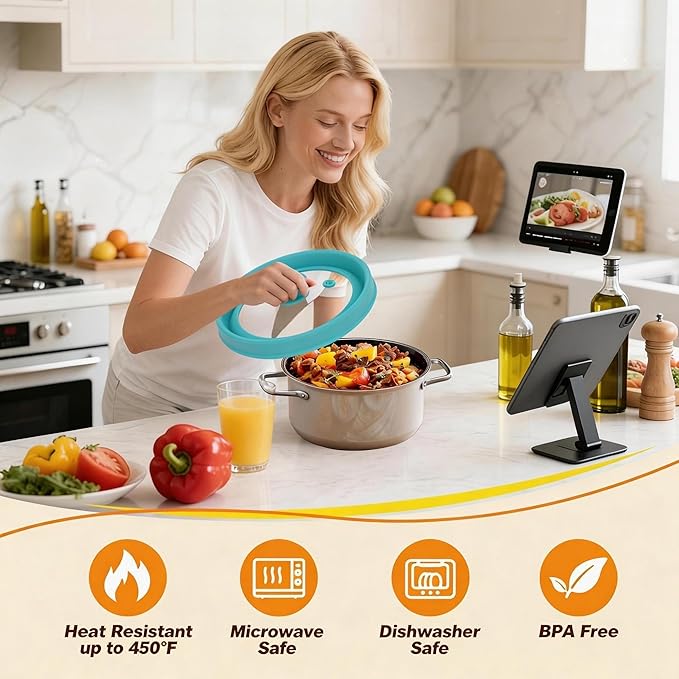 Microwave Splatter Cover - 9.8" Glass Lid with Collapsible Silicone Rim, Universal Pot & Plate Cover for Mess-Free Heating (Blue, 9.8inch)