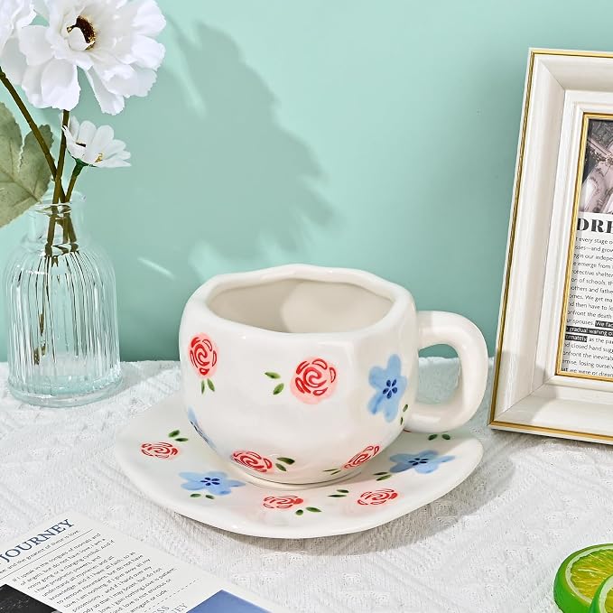Koythin Ceramic Coffee Mug with Saucer Set, Cute Creative Red Rose Cup Unique Irregular Design for Office and Home, 10 oz/300 ml for Latte Tea Milk