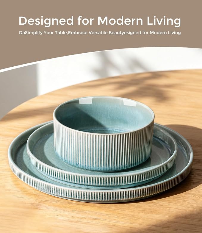GBHOME 12-Piece Stoneware Dinnerware Set for 4 – Ribbed Ceramic Plates and Bowls, Scratch-Resistant, Microwave & Dishwasher Safe, Reactive Glaze, Malachite Green