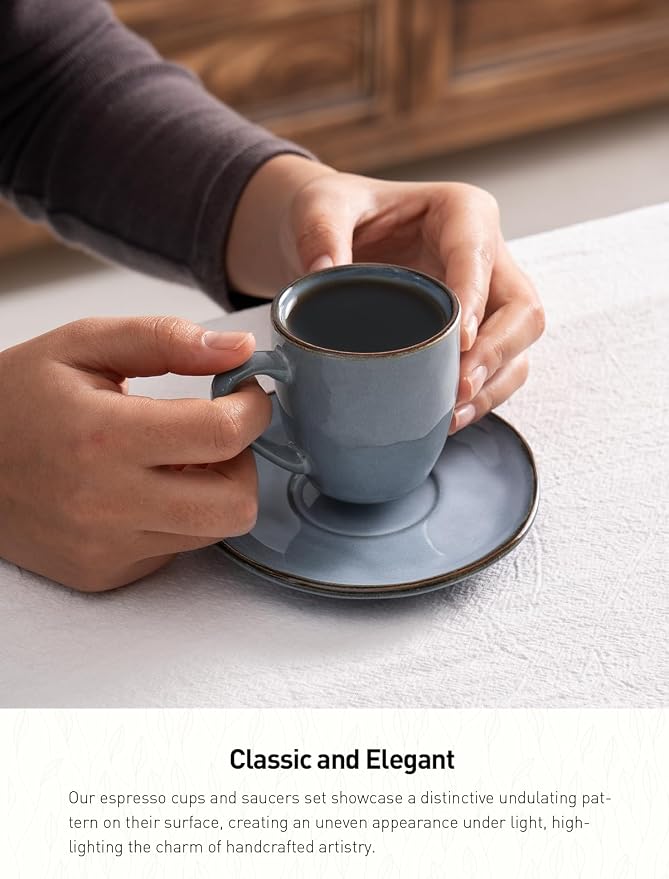 famiware Ocean Espresso Cups with Saucers Set of 4, 3.34oz Espresso Cup Set, Coffee Mug Set for Latte, Macchiato, Stoneware Demitasse Cups Set for Cafe, Microwave&Dishwasher Safe, Blue