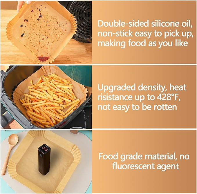 9 Inch Air Fryer Liners Disposable, 125PCS Non-Stick Air Fryer Liners, Oil-Proof & High-Temperature Resistant Square Baking Paper for Air Fryer, Microwave and Oven（Bottom Is 8 Inch）