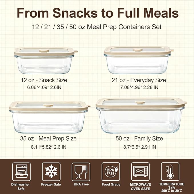 4 Pack Glass Meal Prep Containers with Glass Lids, Plastic-Free Glass Food Storage Containers, Multi-Size Glass Food Prep Containers for Lunch, Leftovers, Microwave, Freezer (12, 21, 35, 50 oz)