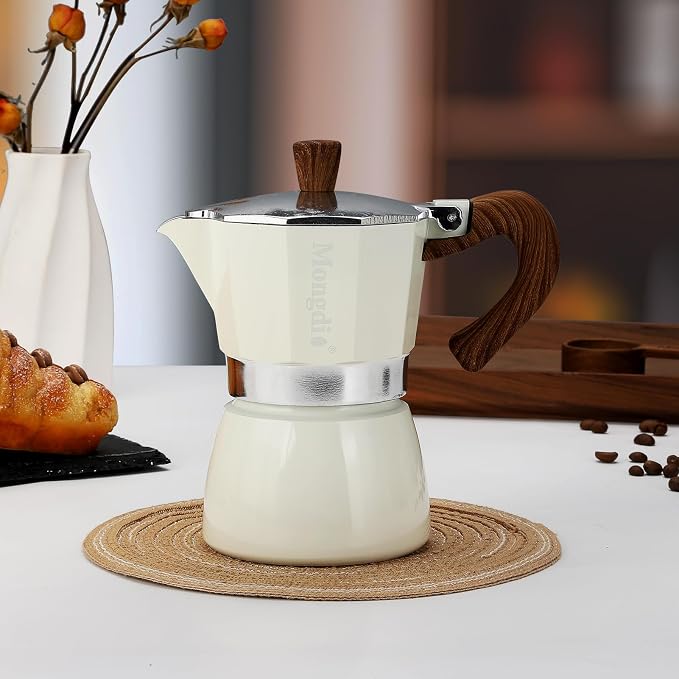 Mongdio Stovetop Espresso Maker Moka Pot, Cuban Coffee Maker Stove top coffee maker Moka Italian Espresso Greca Coffee Maker Brewer Percolator, 3 Espresso Cups, 5 oz - White