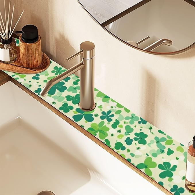 Kitchen Sink Splash Guard 2 PCS 14.7 Inch Sink Faucet Mat Splash Guard for Bathroom Countertop Water Absorbent Foldable Cuttable Soft Washable Saint Patricks Green Clovers