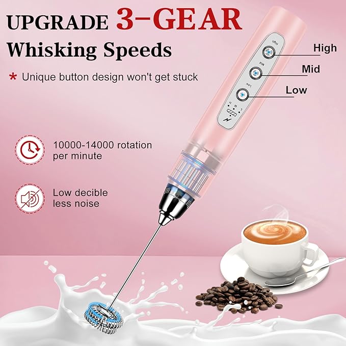 BSRGMS Milk Frother Handheld with Stand, Electric Whisk 3 Speed Adjustable, Drink Mixer with Stainless 3 Whisks, Rechargeable Hand Frother Wand, Foam Maker for Latte Cappuccino Hot Chocolate Egg Pink