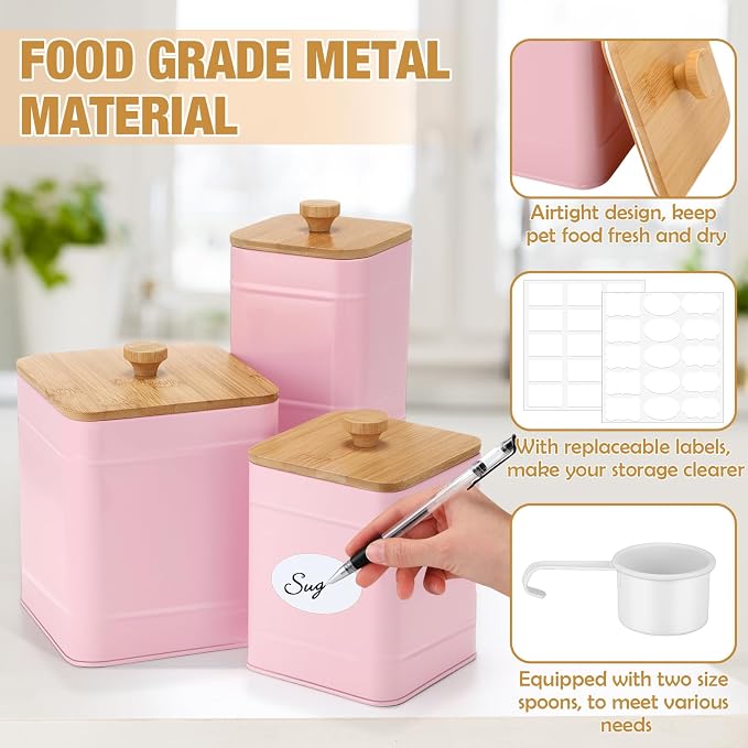 Tioncy Kitchen Canisters for Countertop Set of 3 Metal Canisters Sets with Bamboo Lids Spoon Airtight High Capacity Coffee Tea Sugar Flour Jars with DIY Labels Farmhouse Food Storage (Pink,XL,L,M)