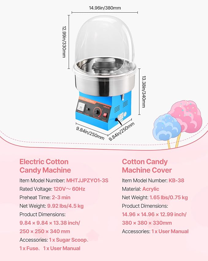 VEVOR Electric Cotton Candy Machine, 1000W Commercial Floss Maker With Cover, Commercial Cotton Candy Machine w/Stainless Steel Bowl & Sugar Scoop, Ideal for Carnival, Birthday, Family Party, Blue