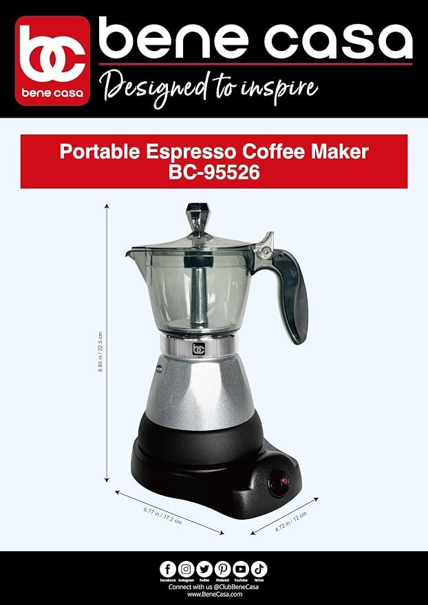 Bene Casa Silver Portable Electric Espresso Maker/Cafetera, 1-3 Cups/Shots (1, SILVER)