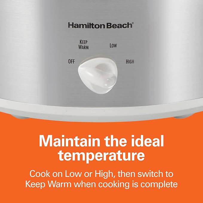 Hamilton Beach 4-Quart Slow Cooker with 3 Cooking Settings, Dishwasher-Safe Stoneware Crock & Glass Lid, Stainless Steel (33140G) | Dishwasher-Safe Stoneware Crock & Glass Lid | Stainless Steel | 33140G
