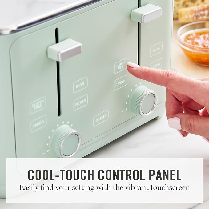 Martha Stewart 4 Slice Toaster, 10 Shade Settings with Defrost, Cancel, Bagel & Gluten-Free, Extra-Wide Self-Centering Slots for Waffles, Artisan Bread, Removable Crumb Tray, Cord Wrap,1800W, Honeydew