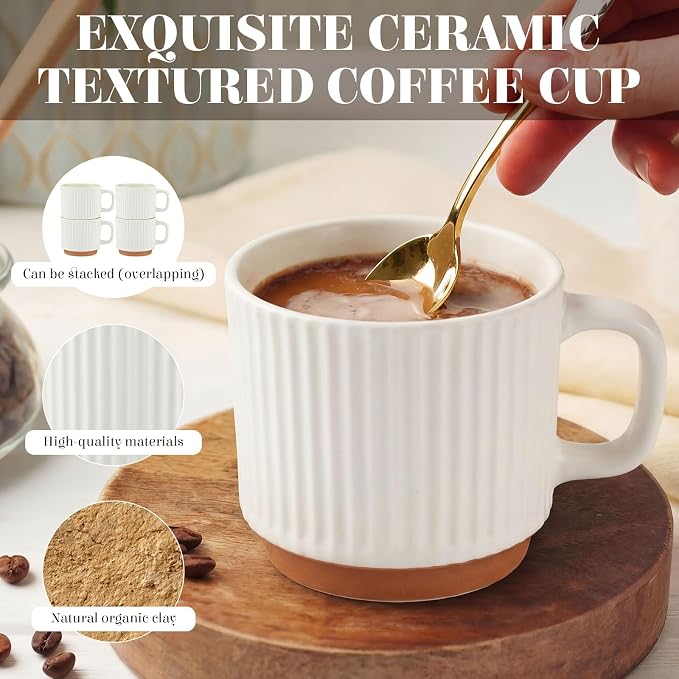6 Set Ceramic Coffee Mugs with Gold Spoons, 8.8 oz Textured Ribbed Coffee Cups for Latte & Cappuccino, Modern Farmhouse Tea Mugs with Handle, Dishwasher & Microwave Safe(White)