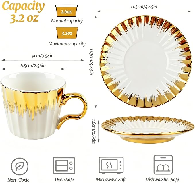 Coffee Cup Set of 6 with Saucers, 3.5 OZ Ceramic Espresso Cups, Deco Golden Turkish Coffee Cup Gift for Cappuccino, Latte, Cafe Mocha and Tea, Dishwasher & Microwave Safe (Gold Trim)