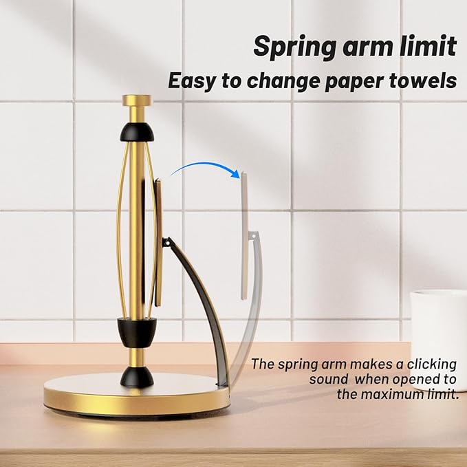 VEHHE Paper Towel Holder Countertop, Paper Towel Holder with Spring Activated Arm and Damping Effect, Simply Tear Paper Towel Stand for Bathroom and Kitchen (Gold)