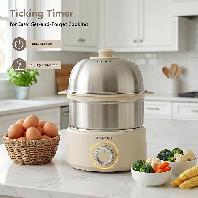 14 Eggs Electric Egg Cooker, 350W Rapid Egg Boiler with 30-Min Timer & Auto Shut-Off, Beige & White