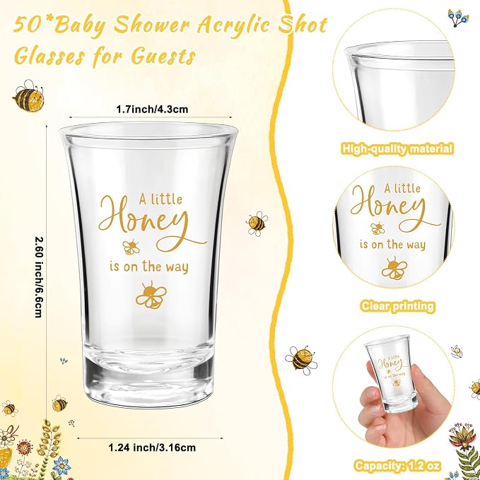 50 Sets Baby Shower Favor for Guests Acrylic Shot Glasses with Bottle Opener Keychains Thank You Tags and Bags Gender Reveal Party Favors for Guest Baby Shower Return Gift(Bee)