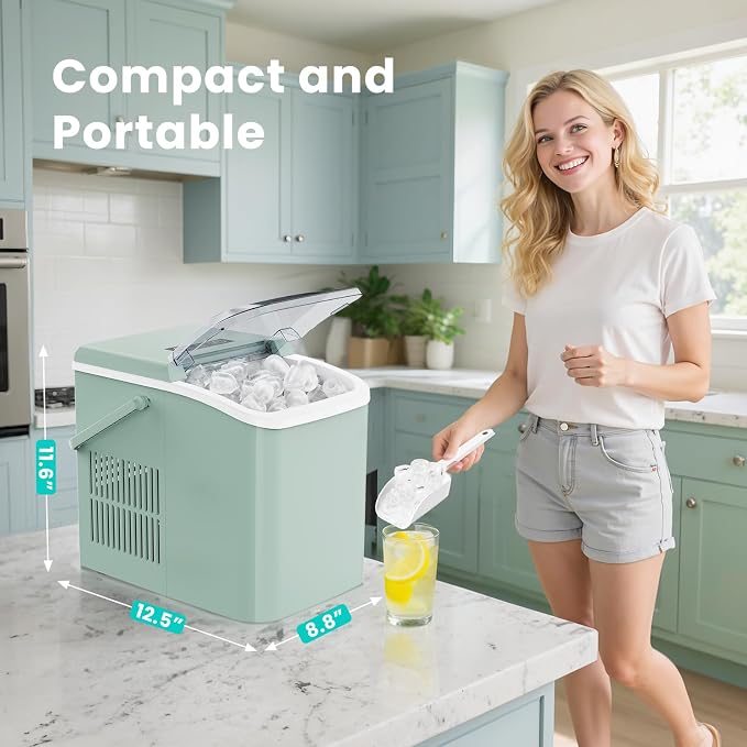 OLIXIS Countertop Ice Maker Machine with Handle, Auto-Cleaning Portable Ice Maker with Basket & Scoop, 26lbs in 24Hrs & 9 Cubes in 6 Mins, 2 Cube Sizes, for Home Party Camping RV, Green