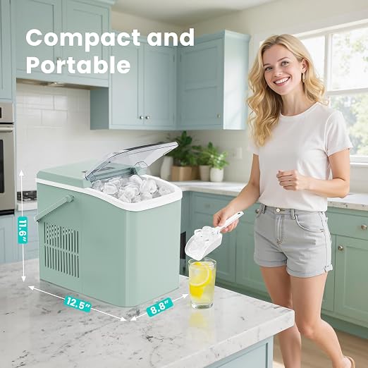 OLIXIS Ice Maker Machine with Handle,26lbs in 24 Hours,9 Cubes in 6 Mins,Auto-Cleaning Portable Ice Maker with Basket and Scoop, Countertop for Home, Kitchen, Camping, RV, Sleek Green
