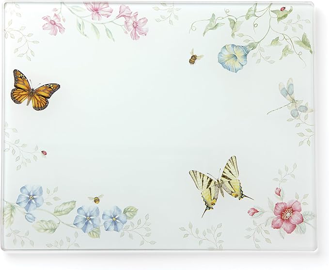 Lenox Kitchen, Butterfly Meadow Large Glass Cutting Board, Glass Material, Cutting Board For Home And Kitchen, Hand Wash Only, Butterflies Design, Tray (White, 1 Piece, 13 Inch W X 10.25 Inch L)