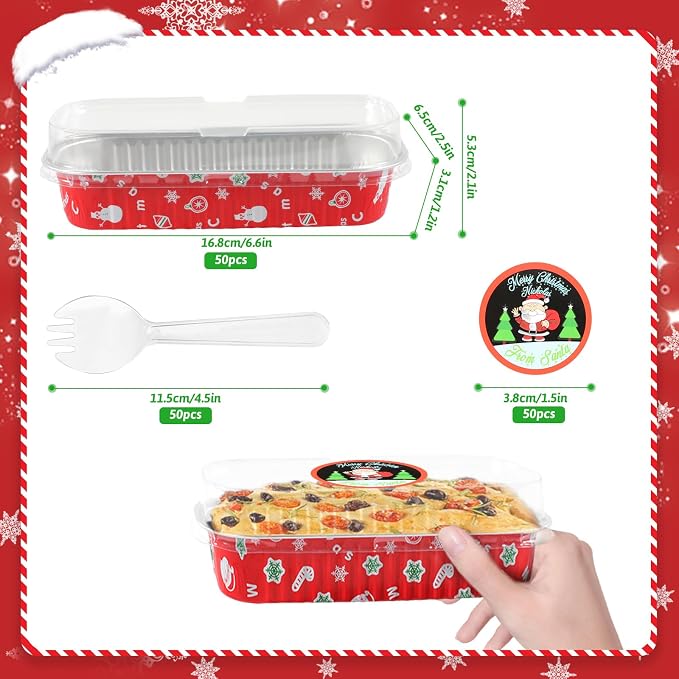 50Pack Christmas Mini Cake Pans Disposable Mini Loaf Pans with Lids and Spoons, 6.8Oz Aluminum Foil Pans Tins, Individual Dessert Cups Containers for Sales,Party,Picnics