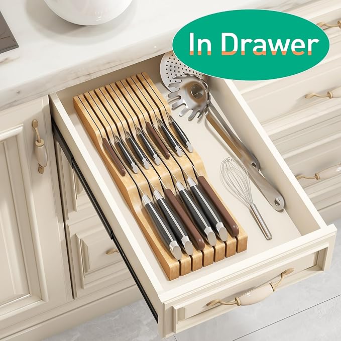 Knife Drawer Organizer, Bamboo Wood In-Drawer Knife Block, Knife Organizer Holds Up To 13 Knives