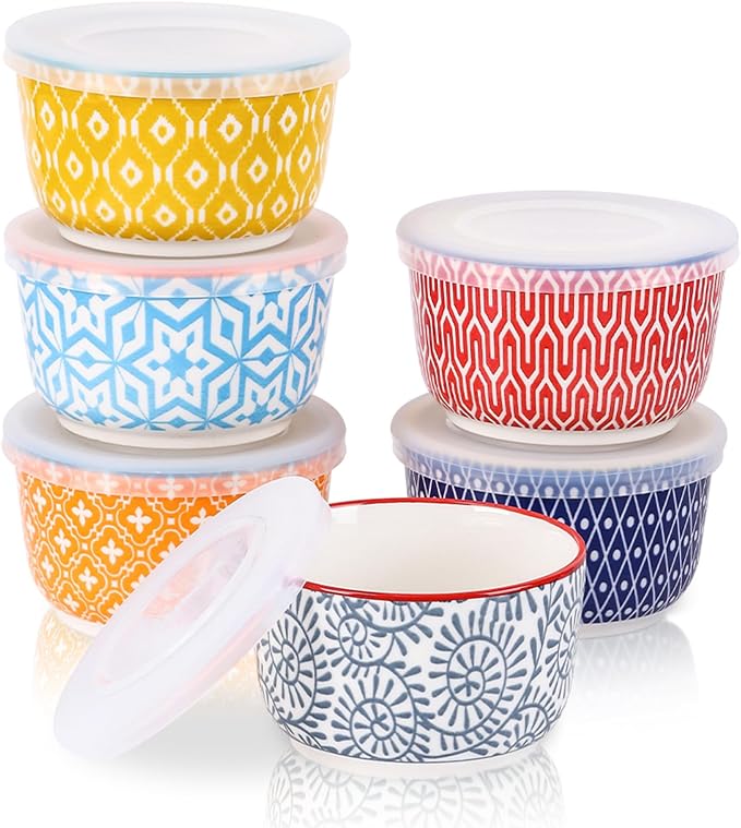 Selamica Ramekins with Lids, 8 oz Oven Safe Creme Brulee Ramekins with Covers, Souffle Dishes Pudding Custard Cups, Stackable Ceramic Small Ramekin Bowls Set for Baking, Dipping, Ice Cream, Set of 6, Assorted Colors