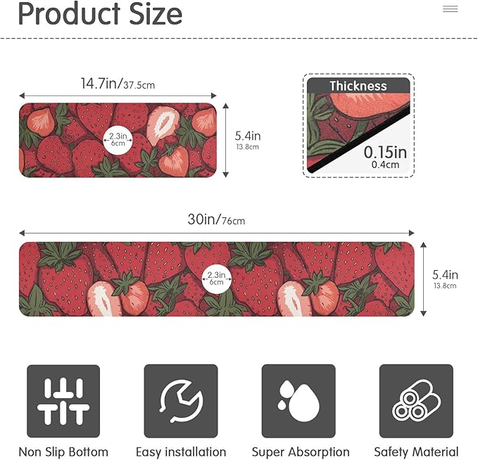 Kitchen Sink Splash Guard 2 PCS 30 Inch Sink Faucet Mat Splash Guard for Bathroom Countertop Water Absorbent Foldable Cuttable Soft Washable Cartoon Red Strawberry