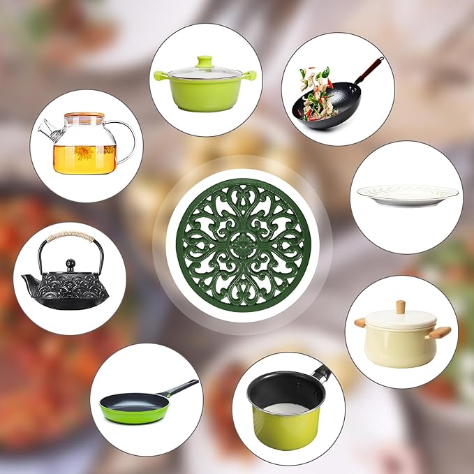 Sumnacon Cast Iron Trivet 2 Pcs 6.7 Inch Iron Trivet for Hot Dish Pot Pan Plate Teapot,Heat Resistant Cast Iron Trivets with Rubber Feets for Kitchen Dining Table Cooktop Stove,Retro Green