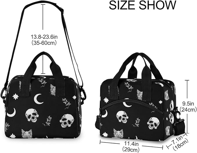 Skull Cat Moon Gothic Insulated Lunch Bag Reusable Lunch Tote Bag Cooler Bag for Women Men Adult Lunch Box with Adjustable Shoulder Strap Leakproof Lunch Bag for Work School Picnic Camping