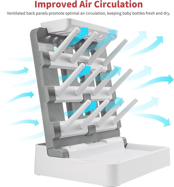 Baby Bottle Drying Rack, Vertical Standing Bottle Drying Rack Holder-Space Saving Baby Bottle Organizer for Countertop-Holds Up to 12 Baby Bottles & Pump Parts (White & Dark Gray)