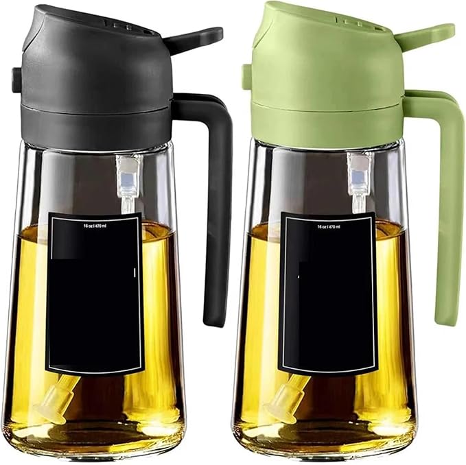 Oil Sprayer, Oil Sprayer For Cooking,2in1 Dispenser Bottle For Kitchen,16oz/470ml Glass,Food-grade Mister,for Kitchen, Air Fryer(2pcs Black Green)