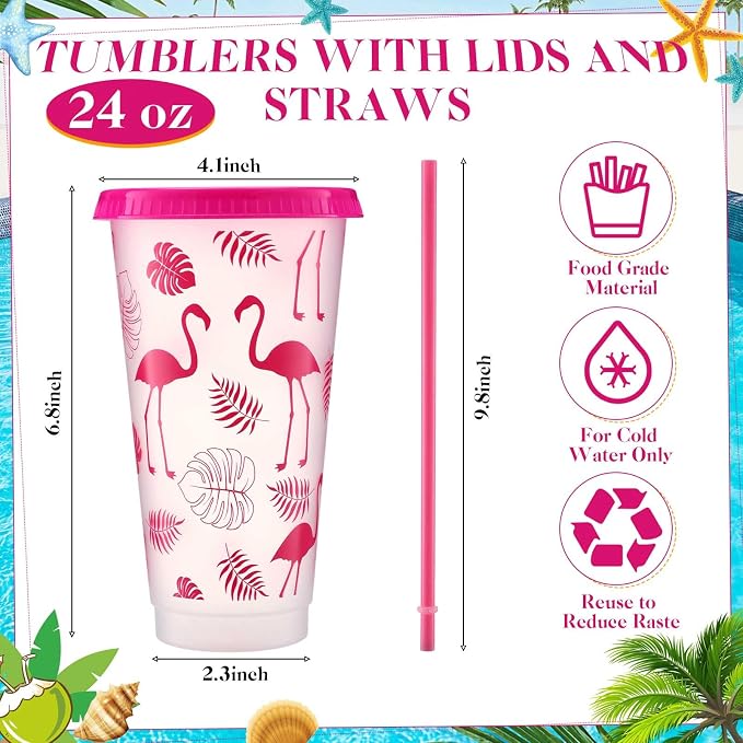 Cholemy 48 Pcs 24 oz Hawaiian Plastic Cups Bulk Luau Tumblers with Straw and Lid 12 Design Reusable Summer Travel Cups for Hawaiia Party Favors Luau Party Supplies