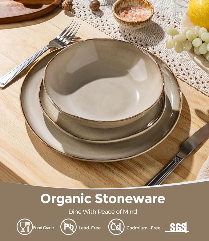 GBHOME Stoneware Dinnerware Sets for 6, 18 Pieces Rustic Earthenware Plates and Bowls Set, Handmade Reactive Glaze Ceramic Plate Sets, Chip Resistant Dishes, Microwave & Dishwasher Safe, Oatmeal Linen