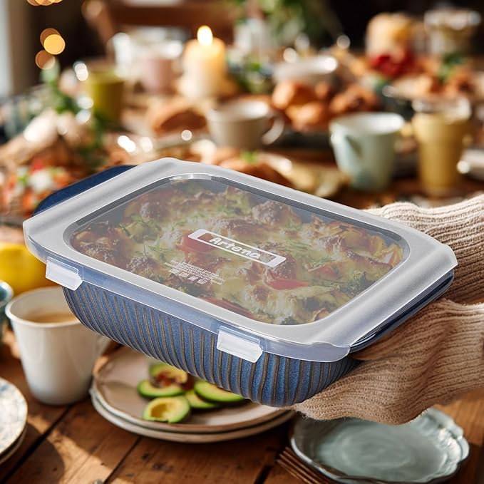 Artena Baking Dish 2.3 Quarts, Casserole Dishes For Oven, Baking Pan With Handles, Lasagna Pan Deep, Large Casserole Dish, Rectangular Ceramic Bakeware (Blue, With Lid)