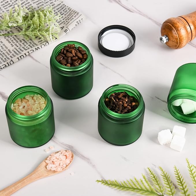 Glass Jars with Lids,Eco-Friendly Cosmetic Containers with Airtight Black Lids & Liners, Multi-Color Options for Cream, Lotion, Body Butter, DIY Skincare Travel Jars (Green Frosted, 4oz)