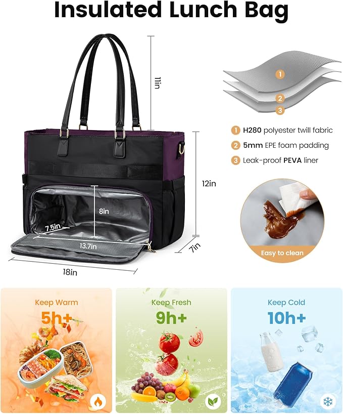 LOVEVOOK Lunch Tote Bag for Women, Insulated Lunch Bag with Laptop Compartment, Large Capacity Work Tote with Cup Holder, Water Resistant Insulated Bag Leakproof for Teacher Nurse, Office, 17.3 Inch