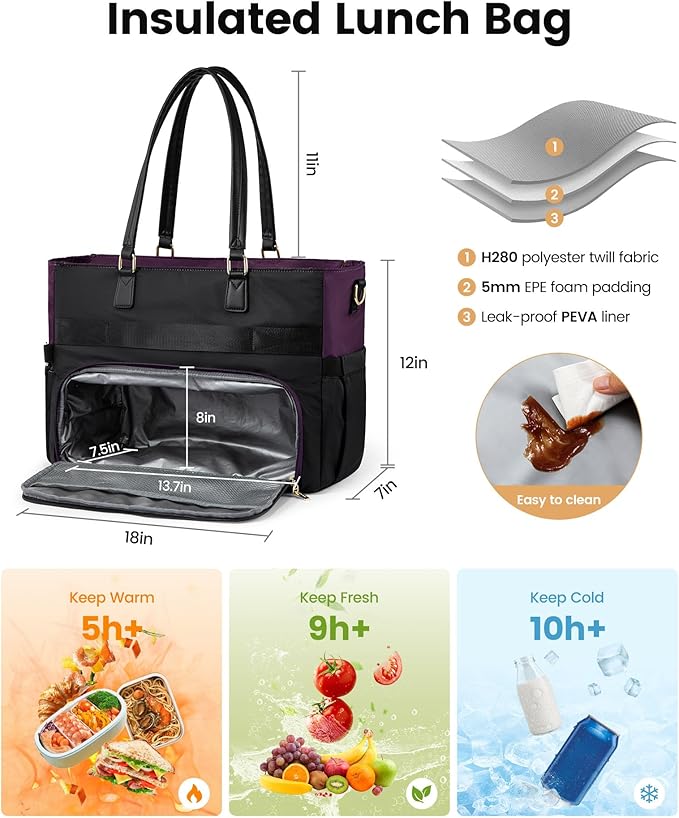 LOVEVOOK Lunch Tote Bag for Women, Large Capacity Work Bag with Laptop Compartment, Teacher Tote Bag with Zipper, Handbag Insulated Bag Leakproof for Nurse, Office, College, Black-Purple, 17.3 Inch