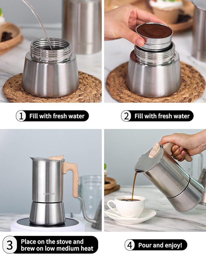 Sivaphe Moka Pot Stainless Steel 6 Cup and French Press Coffee/Tea Maker 34 oz with Bamboo Lid and Hand High Borosilicate Glass 1000ml Coffee Brewer Set