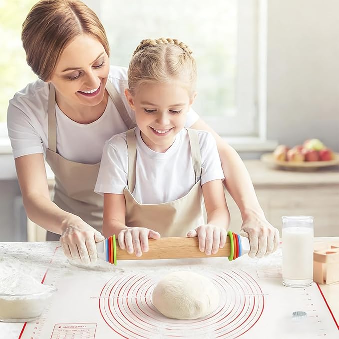 Adjustable Wooden Rolling Pin with 4 Thickness Rings (2/4/6/10mm), Pastry Baking Mat with Measurement Guide, Wooden Phone Stand, Baking Tools for Fondant, Pizza, Pie Crust & Cookies (Beech Wood)