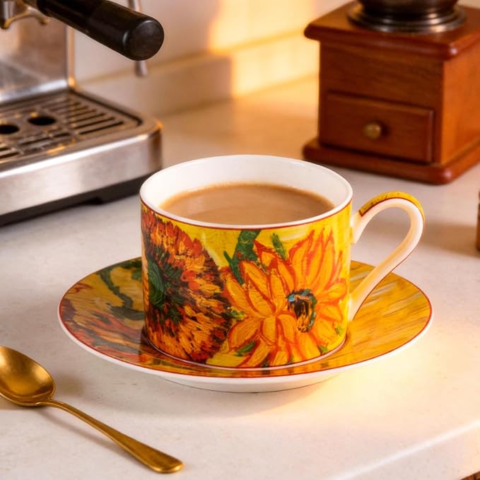 KAMMAK Tea Cups and Saucers Set of 2, Porcelain Coffee Cups, Stackable Espresso Mugs, Ceramic Demitasse for Coffee, Cappuccino, Latte, Americano, Tea, Large - Sunflower Oil Painting