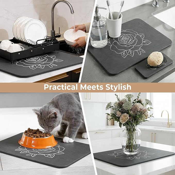 Stone Dish Drying Mat for Kitchen Counter, Glittery Resin Rose Pattern Quick Drying Mat, Water Absorbing Diatomaceous Pad for Plate Bottle Utensil Rack,Space Saving (Silver & Grey 16"×12" & 8"×4")