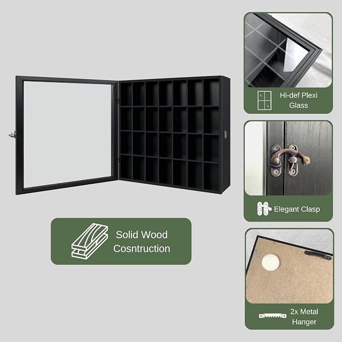Shot Glass Display Cabinet Solid Wood - Large Display Case for Collectibles | Man Cave Accessories | UV Protection Acrylic Door | Wall Mounted Black Shadow Box | 28 Divided Slots (18 x 16 Black)