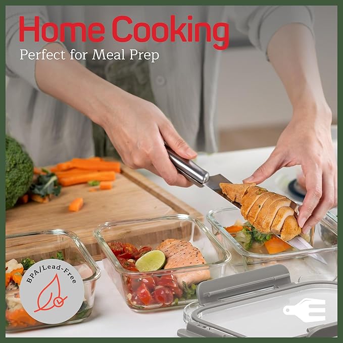 Emporio Kitchen Borosilicate Glass Food Storage Containers with Lids 24 Pieces, BPA-Free Stackable Lunch & Leftover Containers, Microwave, Freezer & Dishwasher Safe, 100% Airtight Leak-Proof, Gray