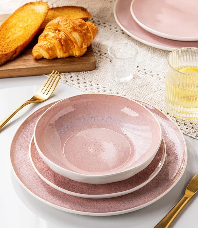 GBHOME Stoneware Dinnerware Sets for 6, 18 Pieces Rustic Ceramic Plates and Bowls Set, Handmade Reactive Glaze Plate Sets, Highly Chip Resistant Dishes, Microwave & Dishwasher Safe, Pink