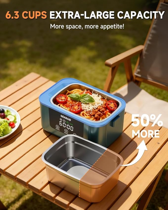 GEARGO 𝟐𝟎𝟐𝟔 Cordless Electric Lunch Box for Adults, 6.3 Cups & 24000mAh Rechargeable Heated Lunch Box with Ice Crystal Box, 24 Hours Scheduled Self Heating Lunchbox For Men Women(Blue)